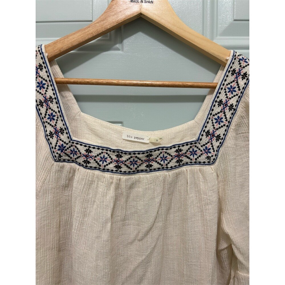 Blu Pepper Blouse Womens Size M Ivory Boho Embroidered Square Neck - Picture 3 of 9